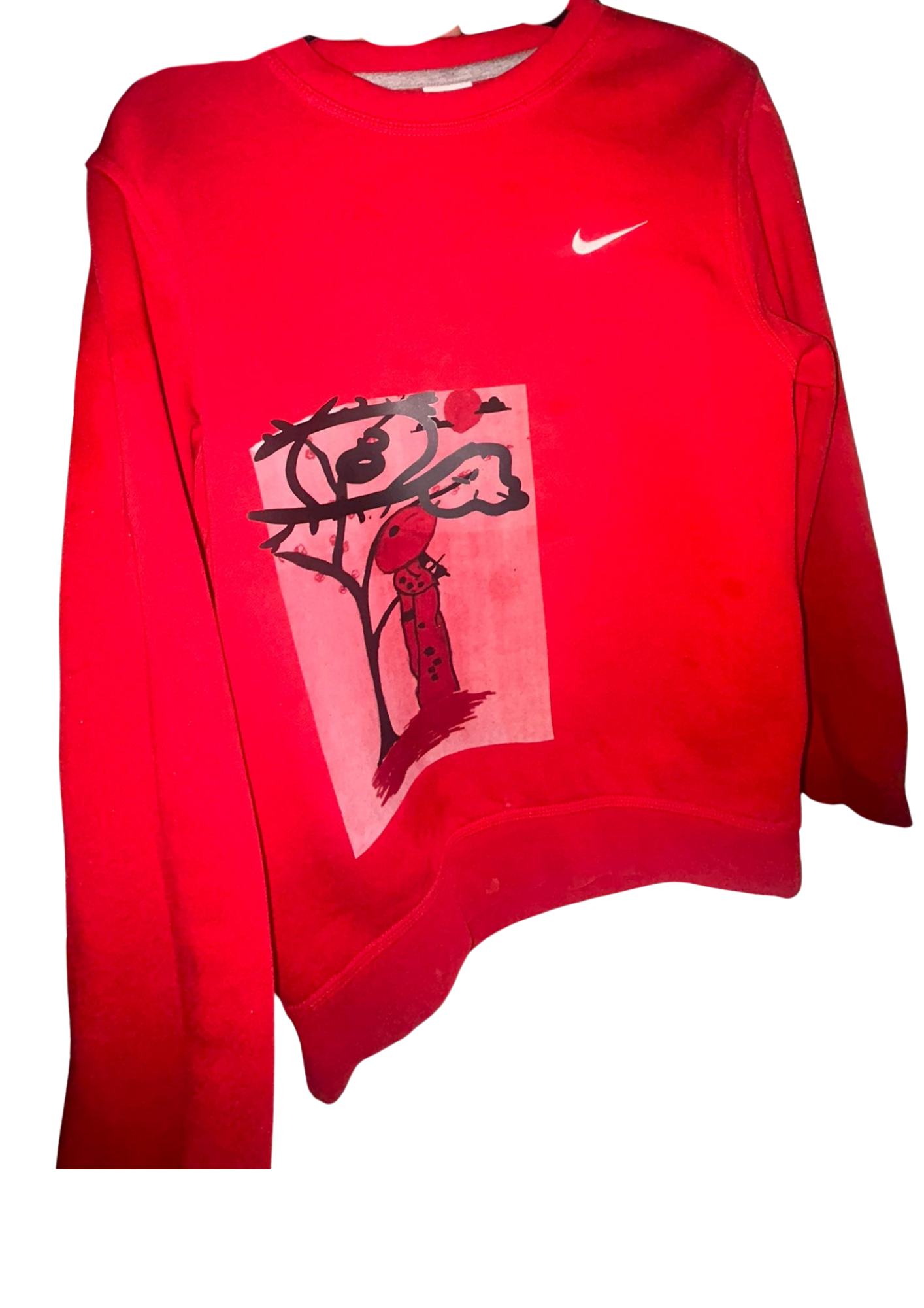 Red sweatshirt with tree illustration graphic