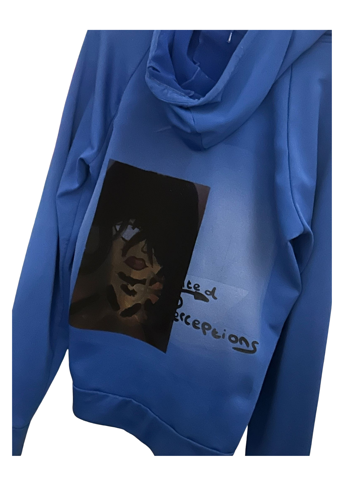 Blue hoodie with portrait-style Melted Perceptions graphic