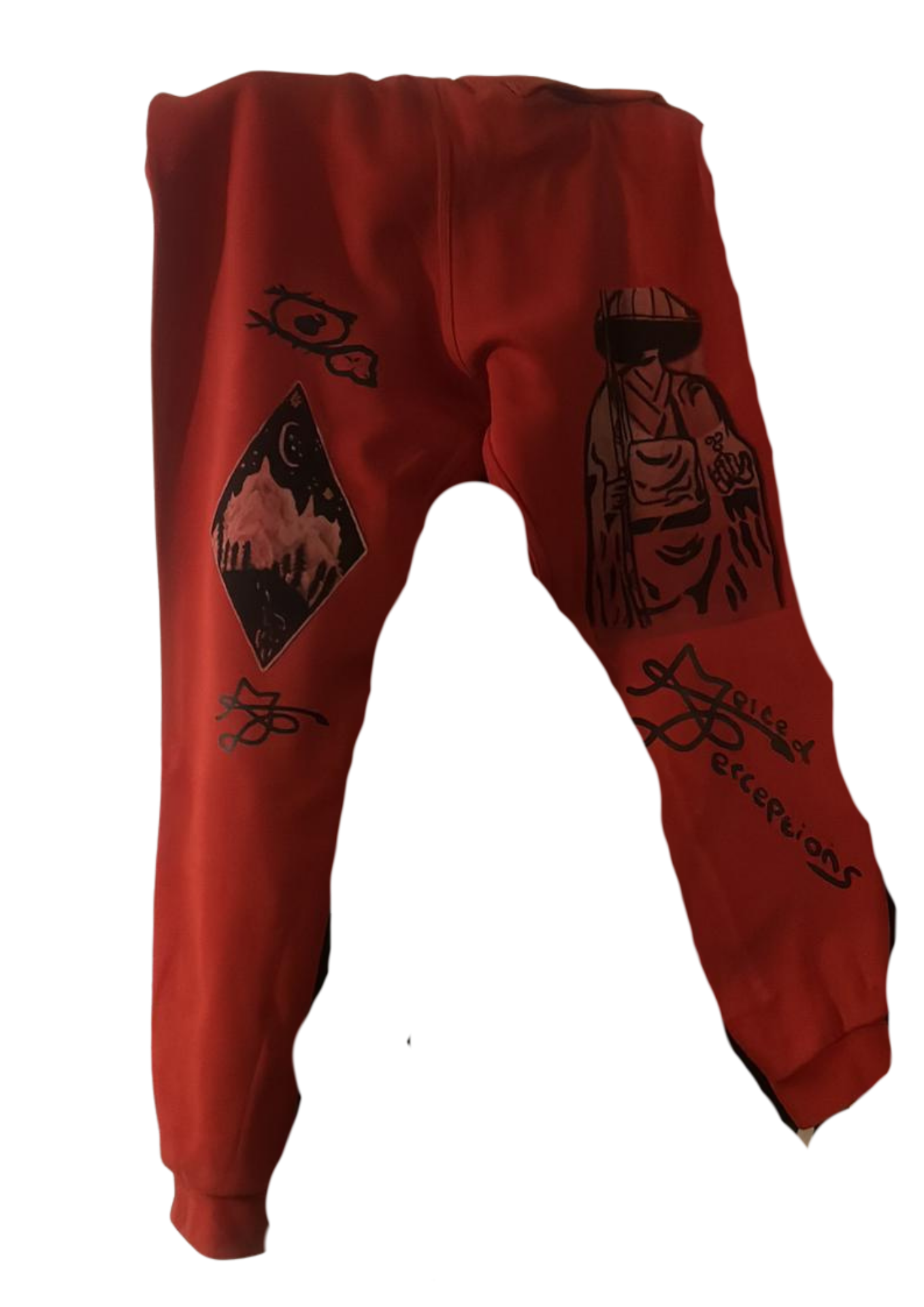 Red joggers with Melted Perceptions graphics